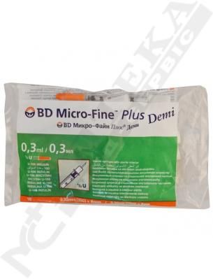 Шприц инсулиновый Micro-Fine Demi U-100 с иглой 30G (0.3x8мм) 0.3мл №1 BD Шприц инсулиновый Micro-Fine Demi U-100 с иглой 30G (0.3x8мм) 0.3мл №1 BD