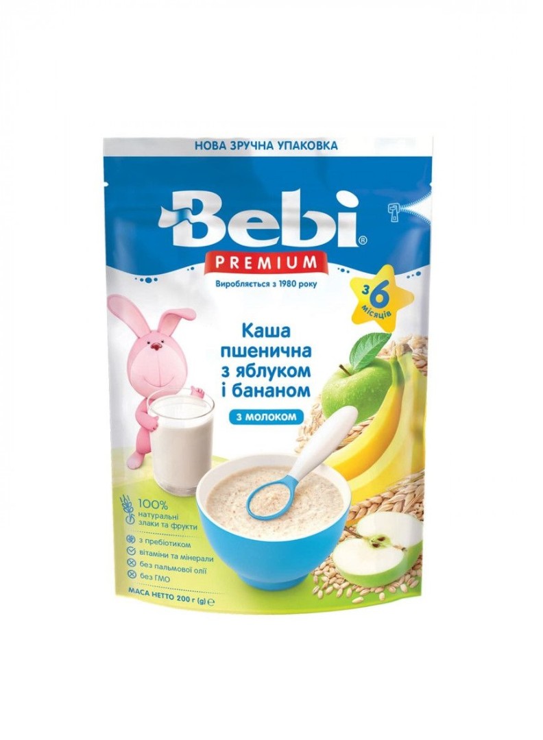Каша Bebi Премиум молочная Пшеничная с ябл. и бан. с 6 мес 200г