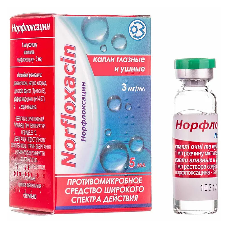 Норфлоксацин краплі 3 мг/мл по 5 мл у флаконі 1 шт.
