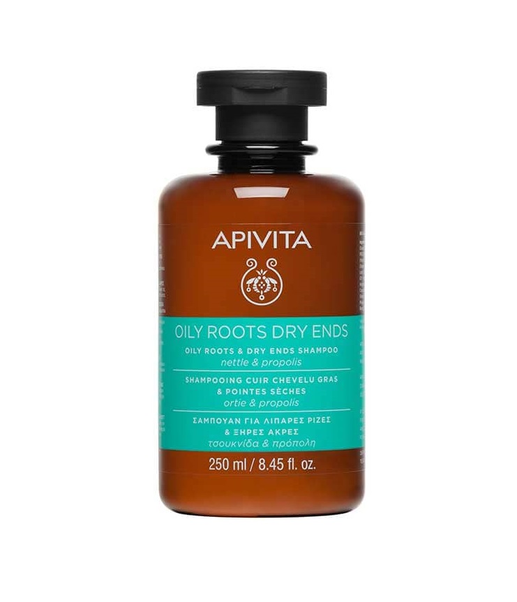 Шампунь Apivita для волосся з жирними коренями та сухими кінчиками з кропивою та прополісом 250 мл