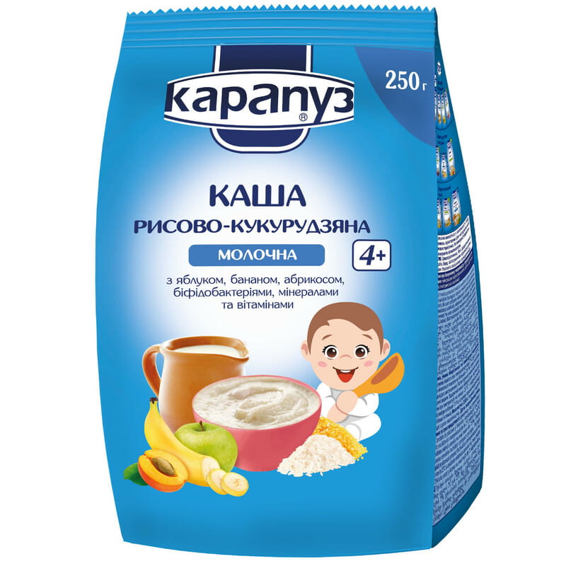 Каша Карапуз рисово-кукурудзяна молочна з яблуком, бананом і абрикосом з 4-х міс. 250 г
