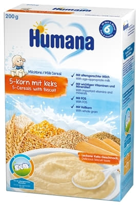 Каша Humana молочна 5 злаків з печивом 200г (775559)