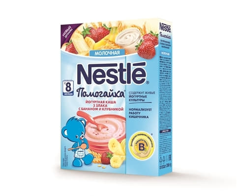 *Каша Nestle Помогайка молочна йогуртна 3 злакиа з бананом і полуницею 200 г
