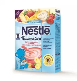 *Каша Nestle Помогайка молочна йогуртна 3 злакиа з бананом і полуницею 200 г